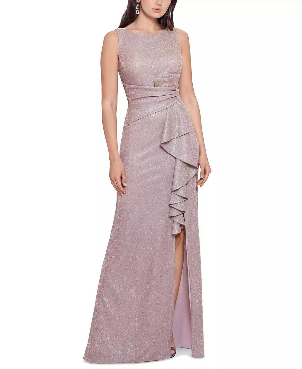 Betsy Adam Women White Pink Gold Sleeveless Ruffle Glitter Gown Size 4 NWT